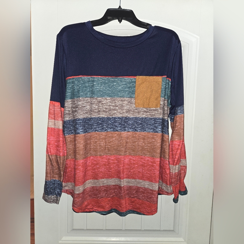 Striped Long Sleeve Tee with Chest Pocket - Multi
